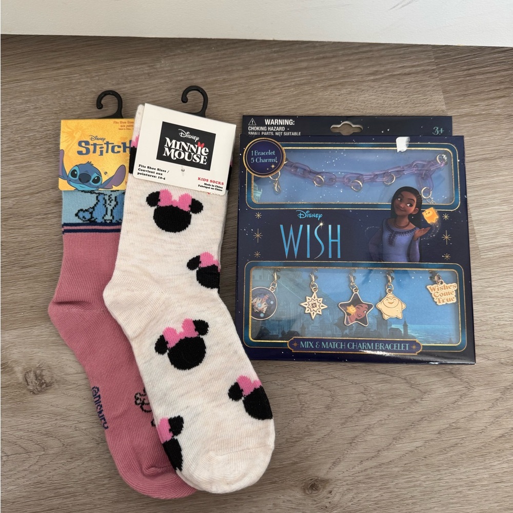 Disney Minnie Mouse and Stitch Socks with Wish Bracelet Set